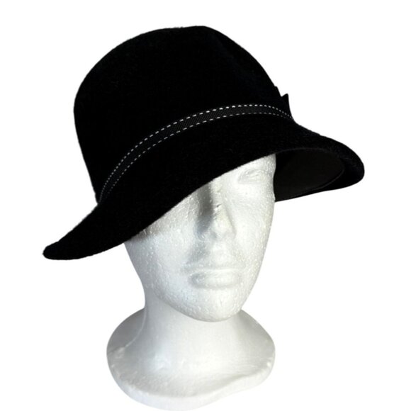Womens Bowler Black Felt Hat Whitework Embroidery Dome Floral Pom Winter Casual - Picture 3 of 9